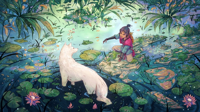 4K fantasy art of a wolf and a person by a river