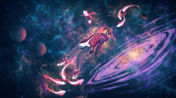 4K Surreal Space Scene with Floating Figure and Koi Fish