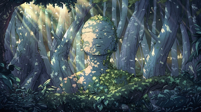 4K forest with statue and sunbeams