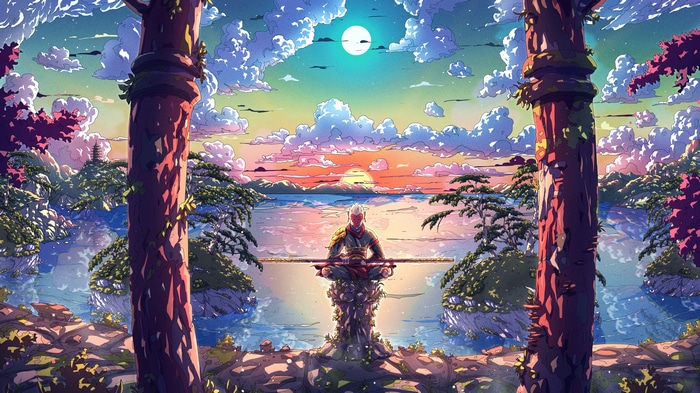 Sun Wukong meditating by the water at sunset