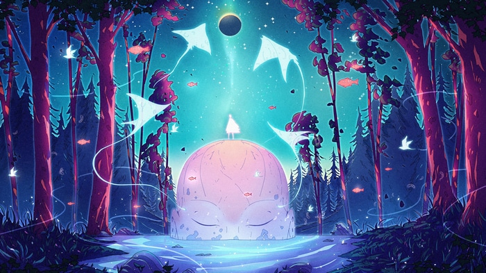 Fantasy forest with eclipse and manta rays