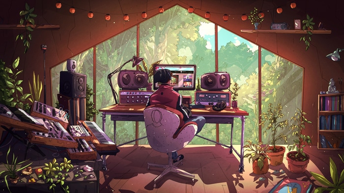 4K computer setup with keyboards and plants