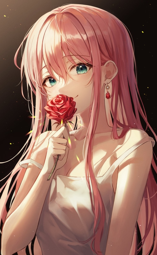 Anime girl Ekina with pink hair holding a rose