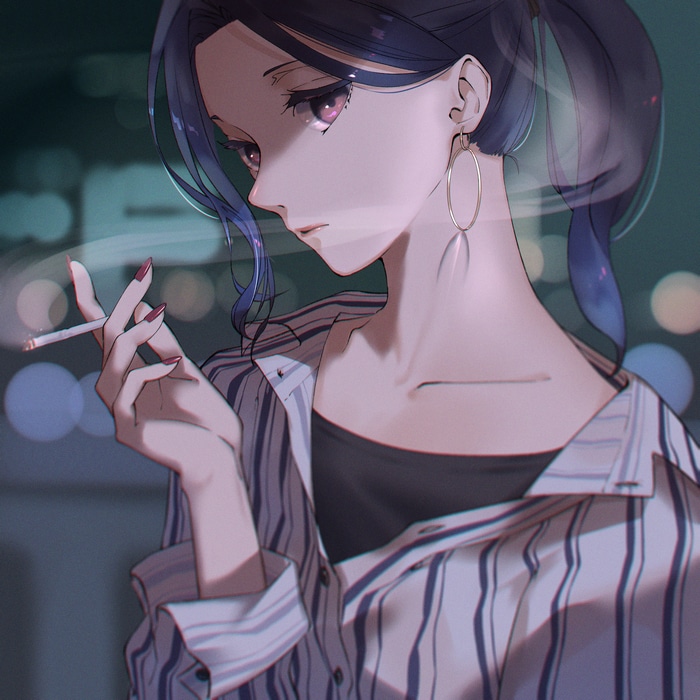Woman with blue hair smoking a cigarette