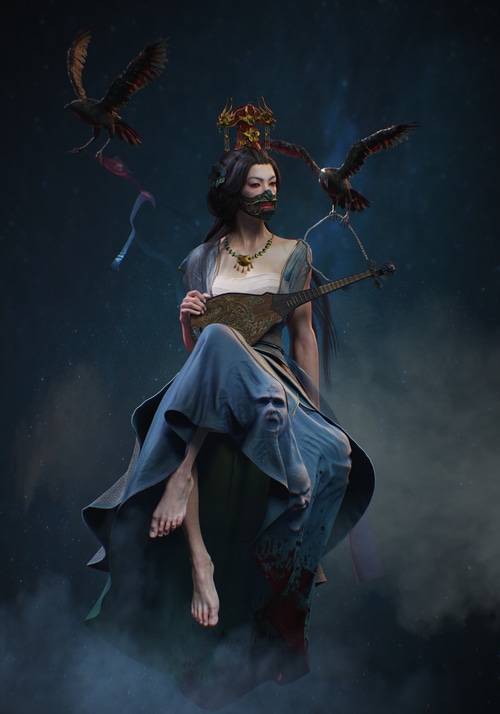 Fantasy girl with birds and lute