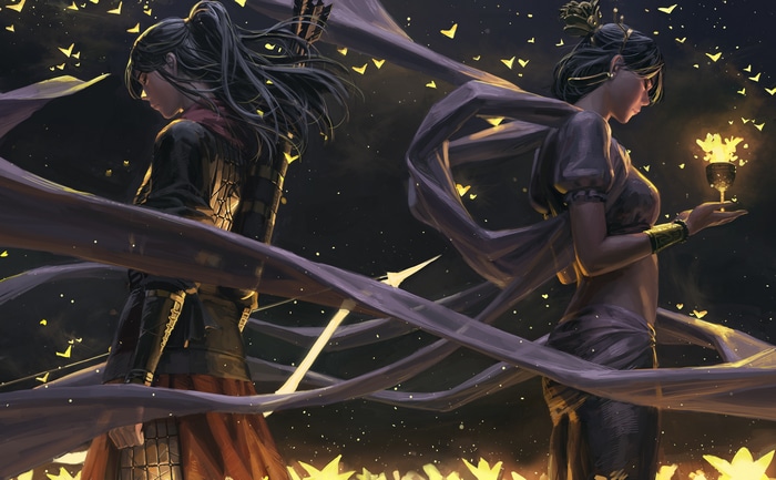 4K fan art of two women, archer and fantasy girl