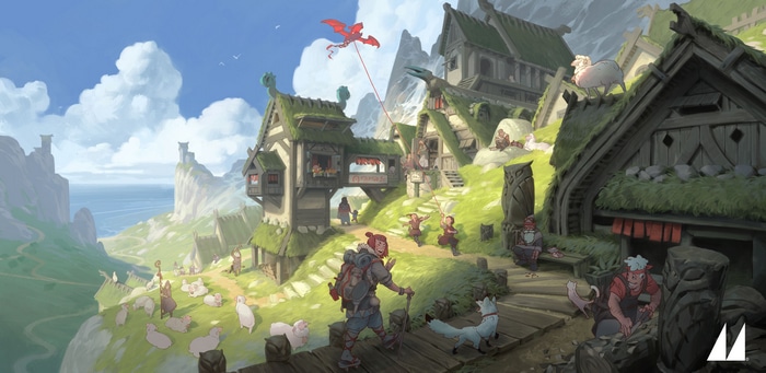 Fantasy village with sheep and a dragon kite