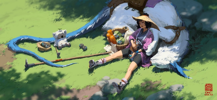 Kan Liu and creature resting in a grassy field