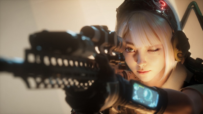 Woman with sniper rifle and headphones