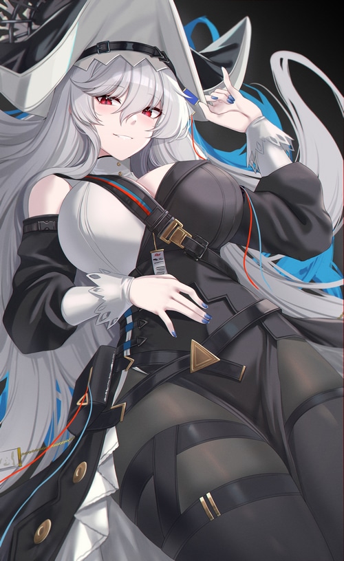 Arknights character with white hair and red eyes