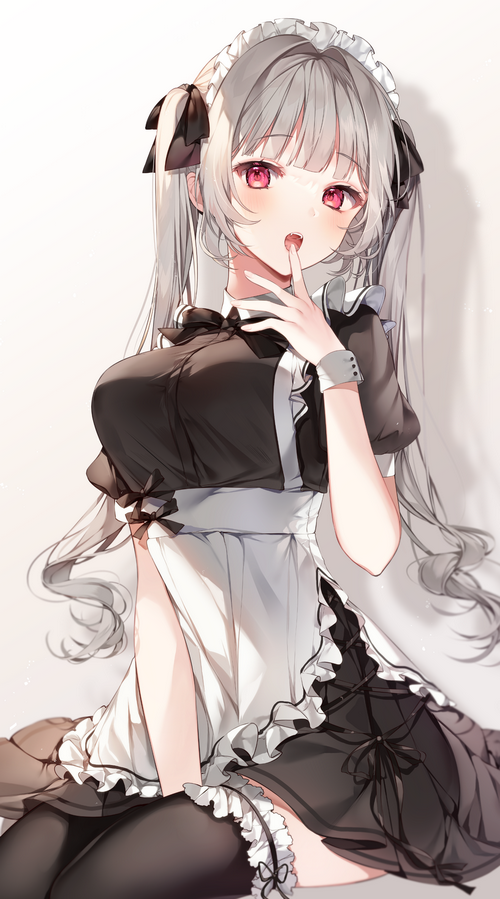 Anime maid with silver twintails and red eyes