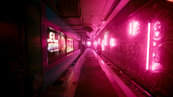 Cyberpunk 2077 hallway with neon lights