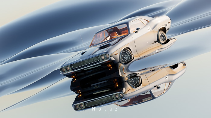 4K Dodge Challenger reflection on a wavy surface