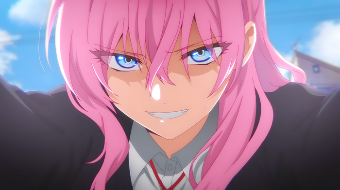 4K Anime screenshot of Shikimori with pink hair and blue eyes