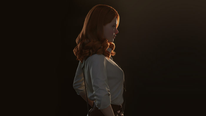 Woman with red hair in a white shirt
