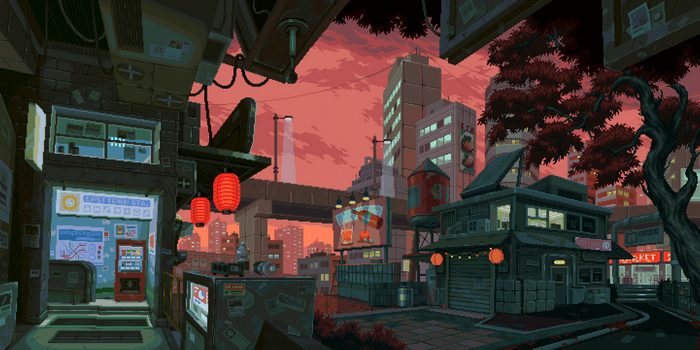 Pixel art cityscape at sunset with cyberpunk elements