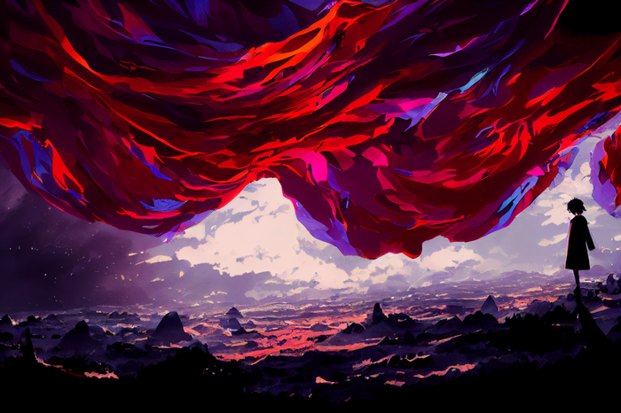 Anime landscape with a person standing