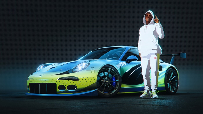 4K CGI Porsche with a man in Puma attire