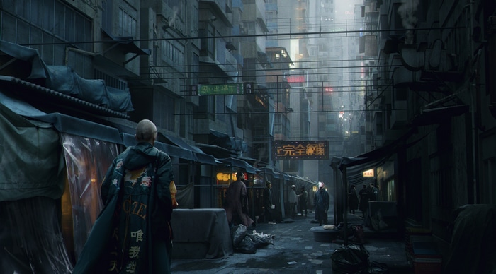 Cyberpunk street scene with people and stalls
