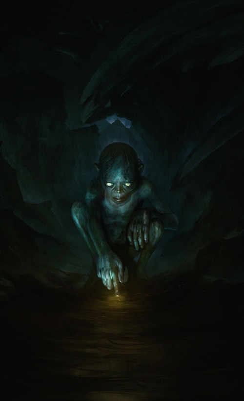 Gollum in a dark cave touching a light