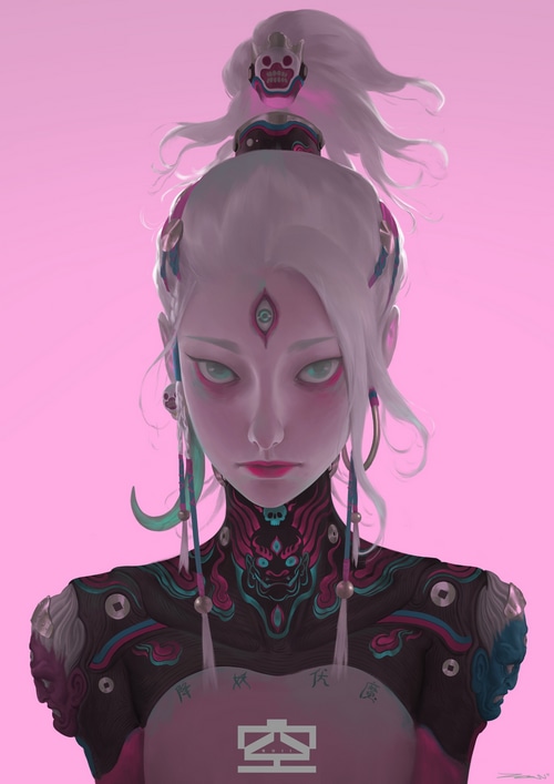 Fantasy girl with futuristic makeup and elaborate attire