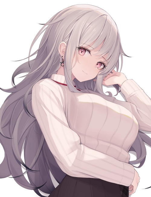 Anime girl with long gray hair and purple eyes