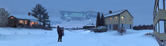 4K Simon Stålenhag digital painting of Volvo 240 in snow