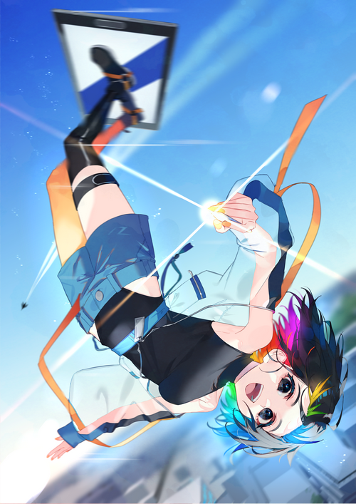 Girl with multi-colored hair falling from the sky