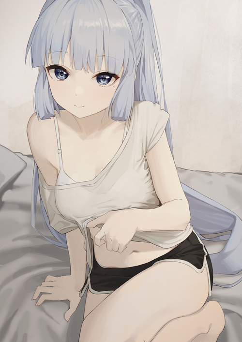 Kamisato Ayaka lifting her shirt, Genshin Impact