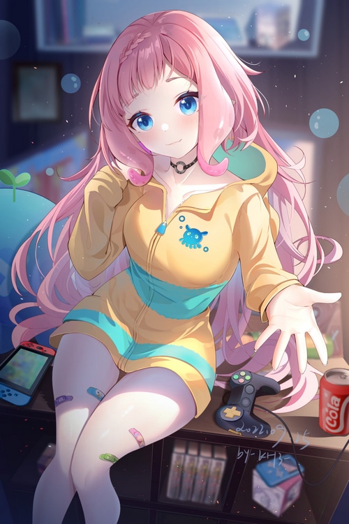 Anime girl with pink hair and Nintendo Switch