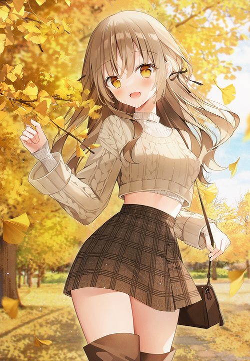 Anime girl in crop top and plaid skirt in autumn park
