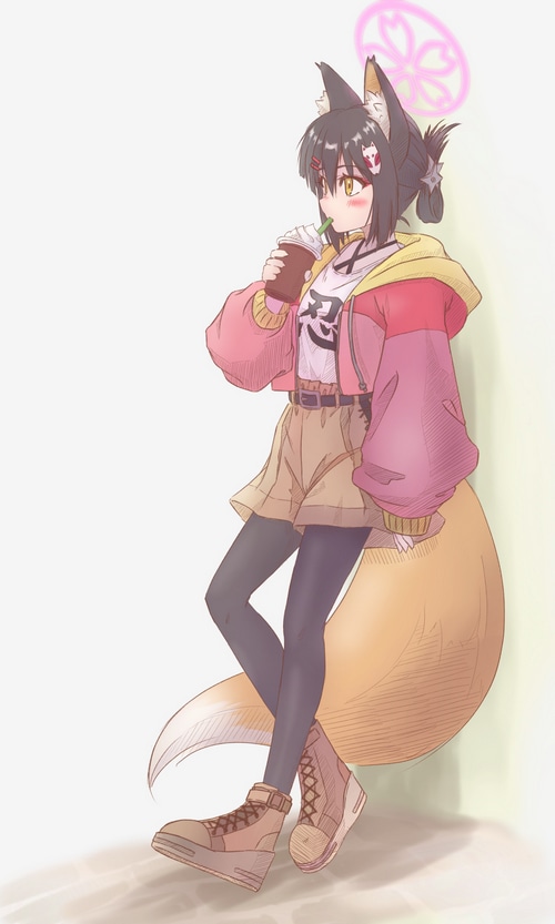 Fox girl drinking from a cup