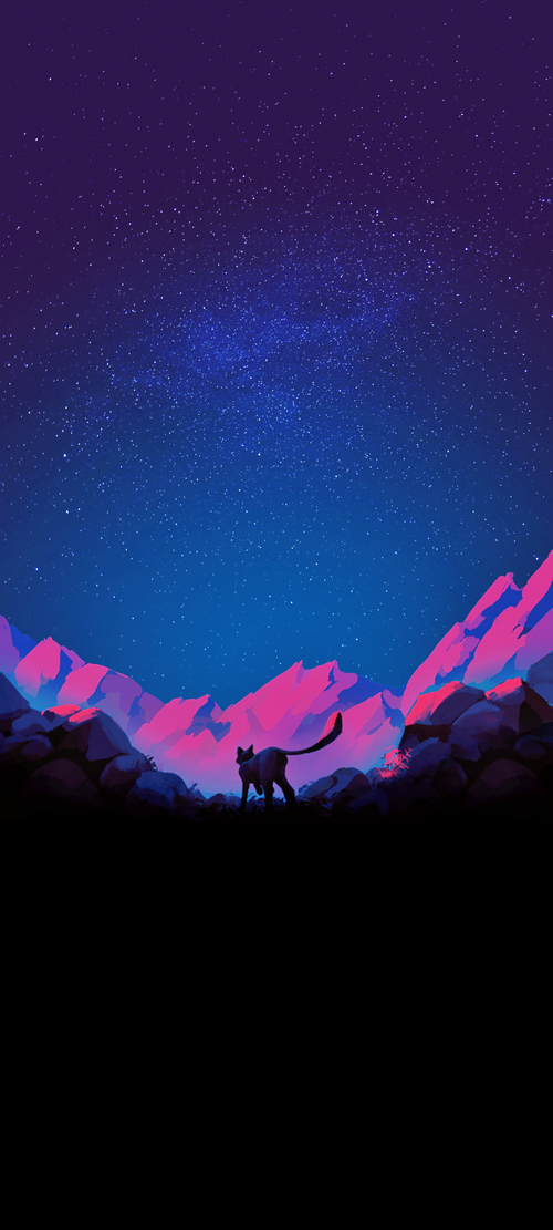 Cat walking through mountains under a starry sky