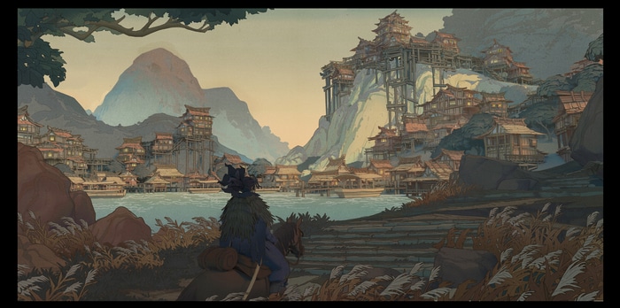 A person on horseback observes a Japanese village by the water
