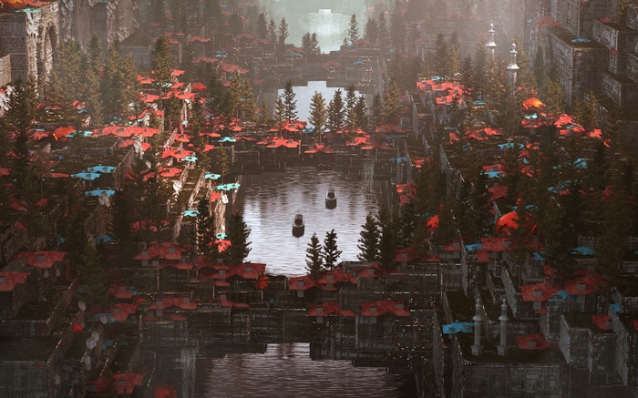 Futuristic city with boats on a river