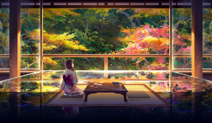 Girl in Kimono Gazing at Autumn Forest from Traditional Room