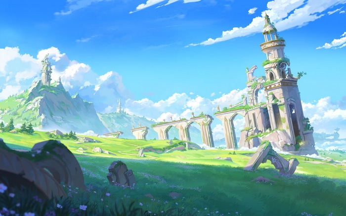 Ruined ancient structures on a grassy landscape under a blue sky
