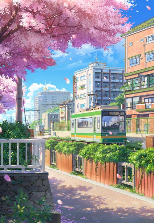 Anime city street with cherry blossoms and a train