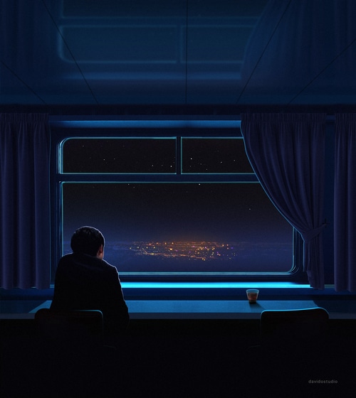Man looking out a window at city lights and stars