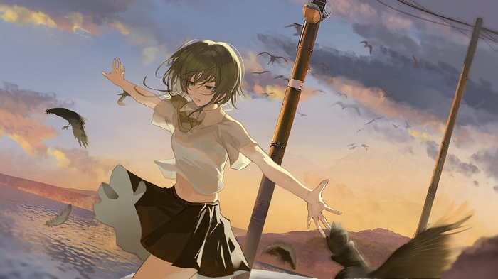 Megpoid Gumi with birds at sunset