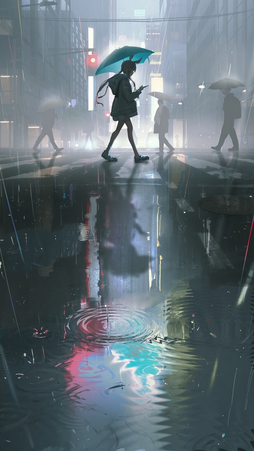 Amiya walks in the rain with an umbrella in a city