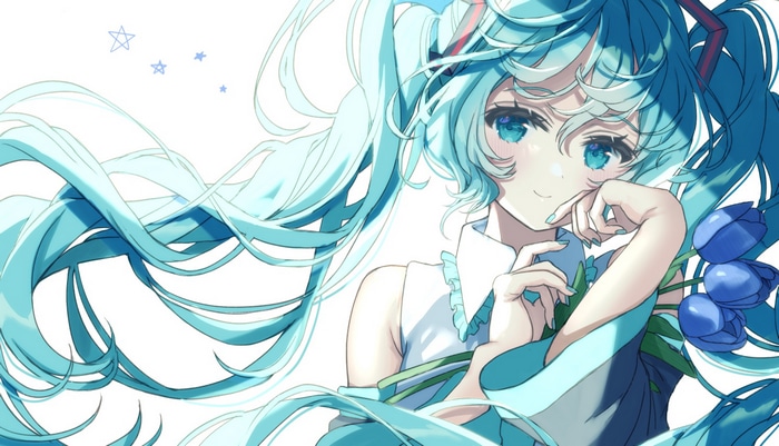 Hatsune Miku with blue tulips