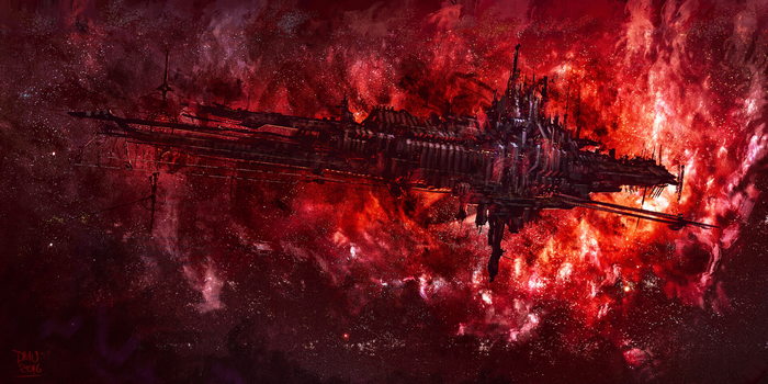 Warhammer 40,000 Spaceship in a Red Nebula