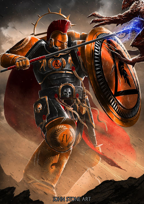 Warhammer 40,000 warrior with spear and shield fighting monster