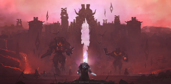 Warhammer 40,000 Chaos Knights and Demons in Lava Landscape