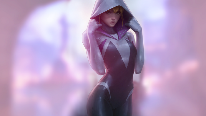 Gwen Stacy in Spider-Gwen costume with hood