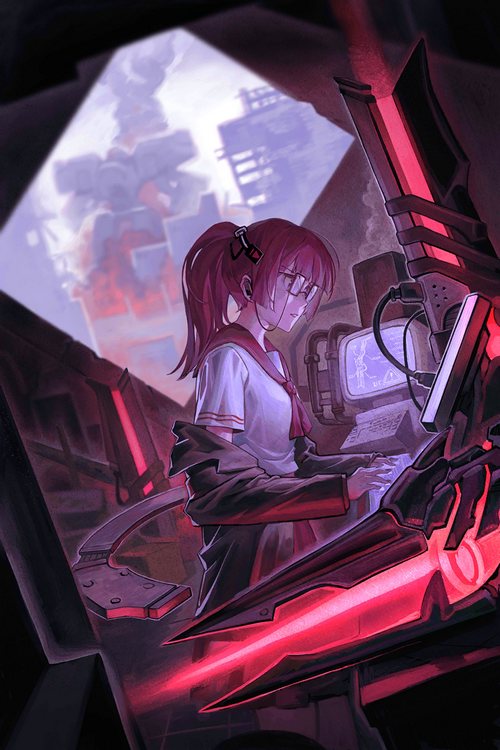 Girl in uniform operating a futuristic console