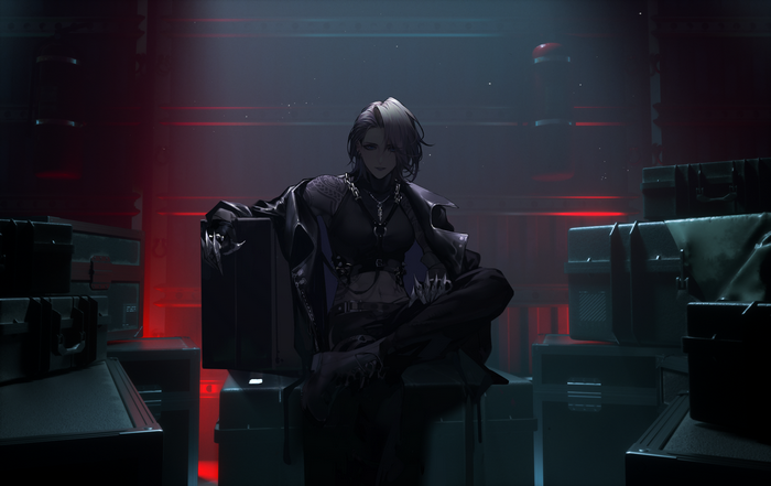 Zoya from Path to Nowhere sitting on crates