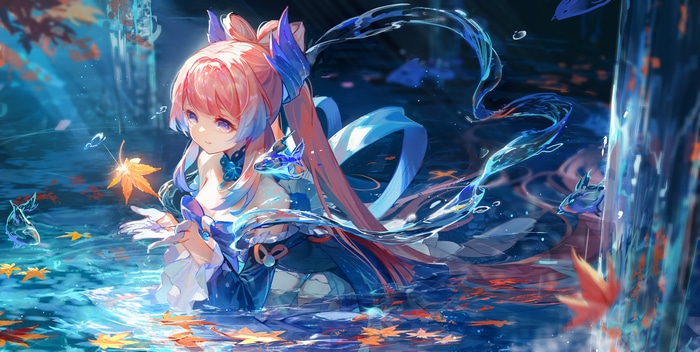 4K anime girl in water with fish and leaves