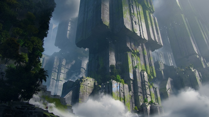 Giant overgrown ancient structures in the clouds